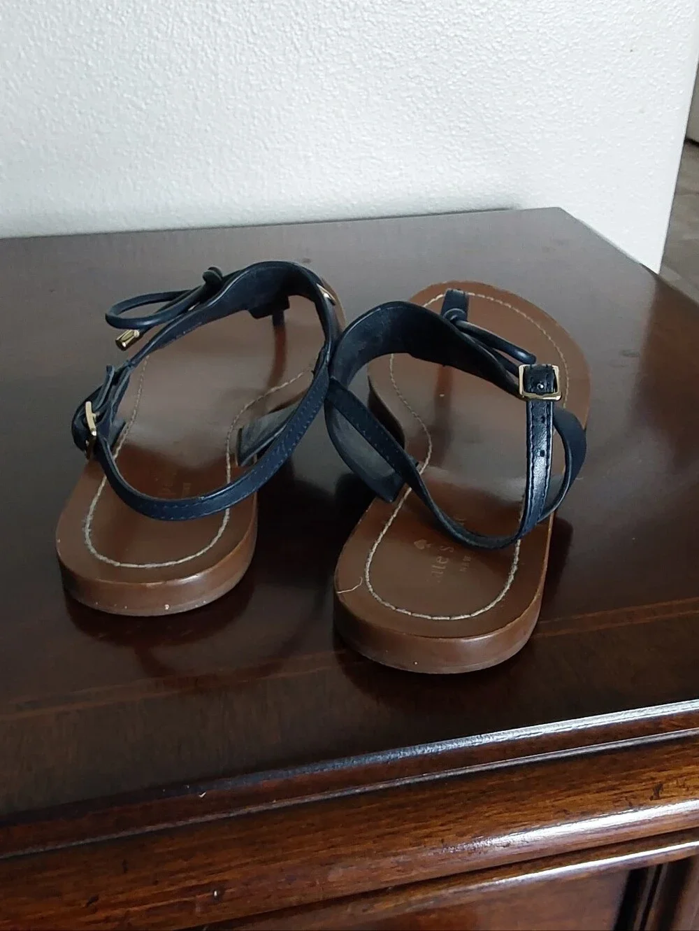 kate spade Black Strappy  Carolina Leather Thong Sandals with Brown Footbed